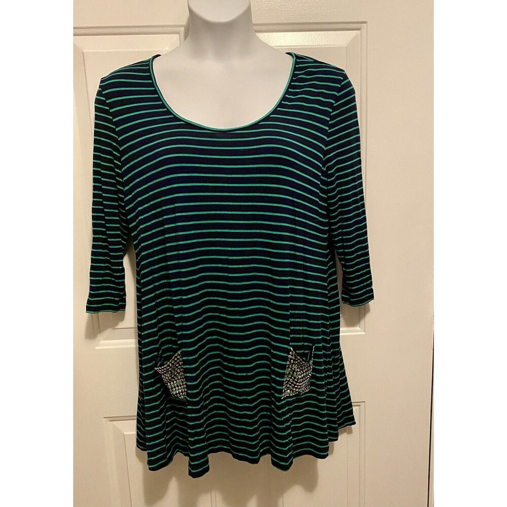 SOFT SURROUNDINGS‎ XL Tunic Shirt Dress Blue Green Stripes Gold Studded Women’s